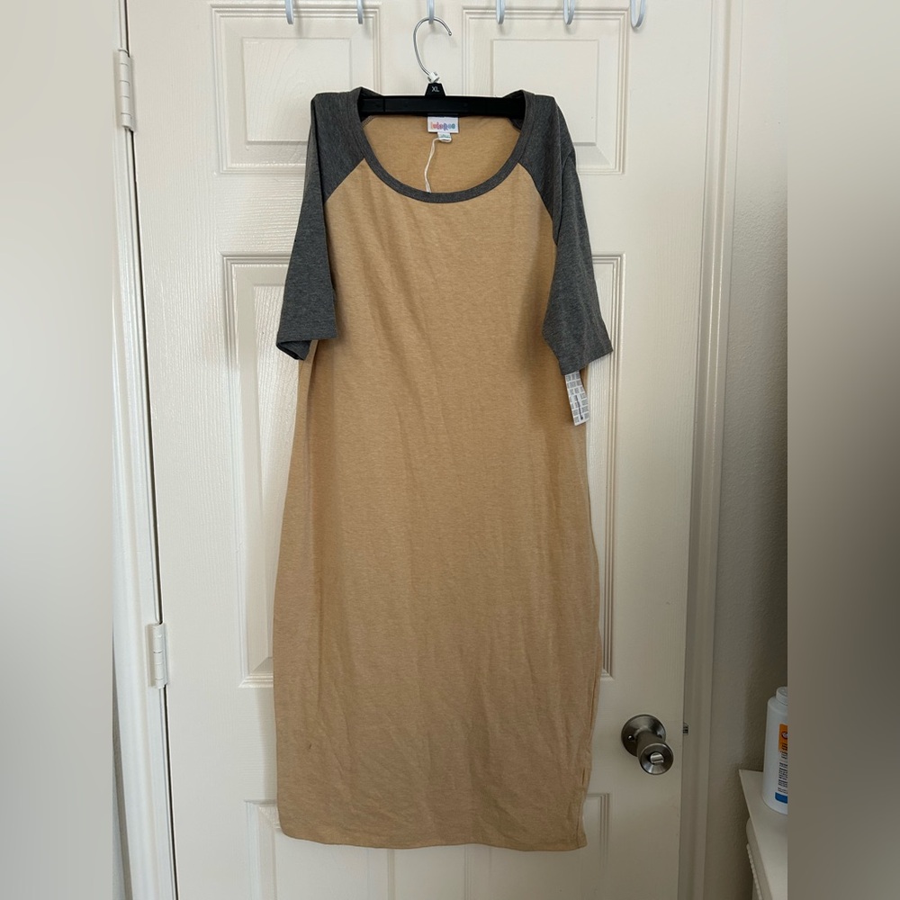 LuLaRoe Tan and Gray Raglan Midi Dress
